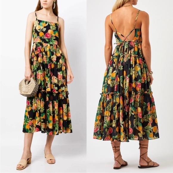 CARA CARA Fruit Print Square Neck Sleeveless Open Back Ruffle Tier Midi Dress L - Picture 5 of 15